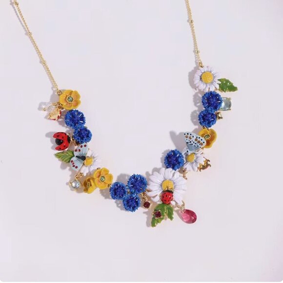 LES NEREIDES Blue and Yellow Floral Necklace with Crocheted Flowers - Picture 8 of 8
